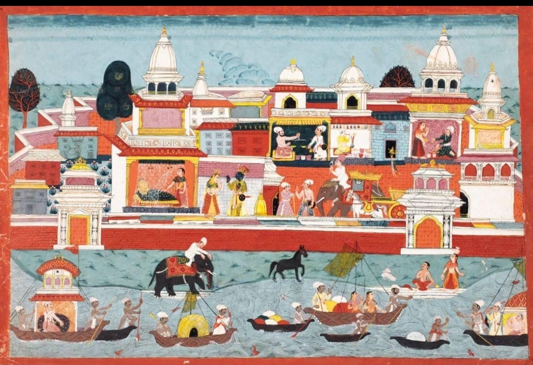 Ancient Mahabharata manuscript painting depicting a coastal city