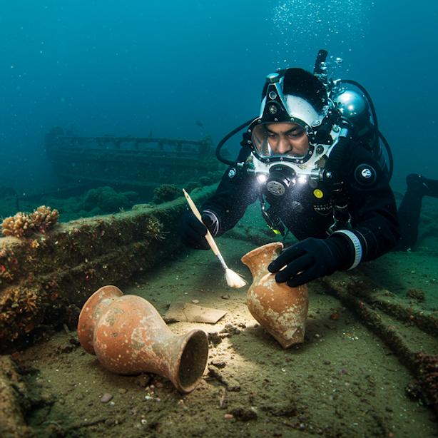 A marine archaeologist examining pottery artifacts on the seabed