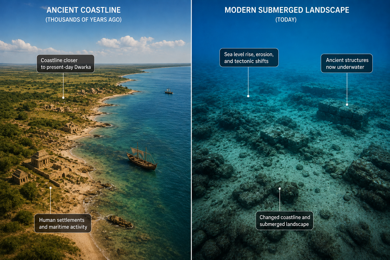 Comparison of ancient coastline versus modern submerged landscape at Dwarka