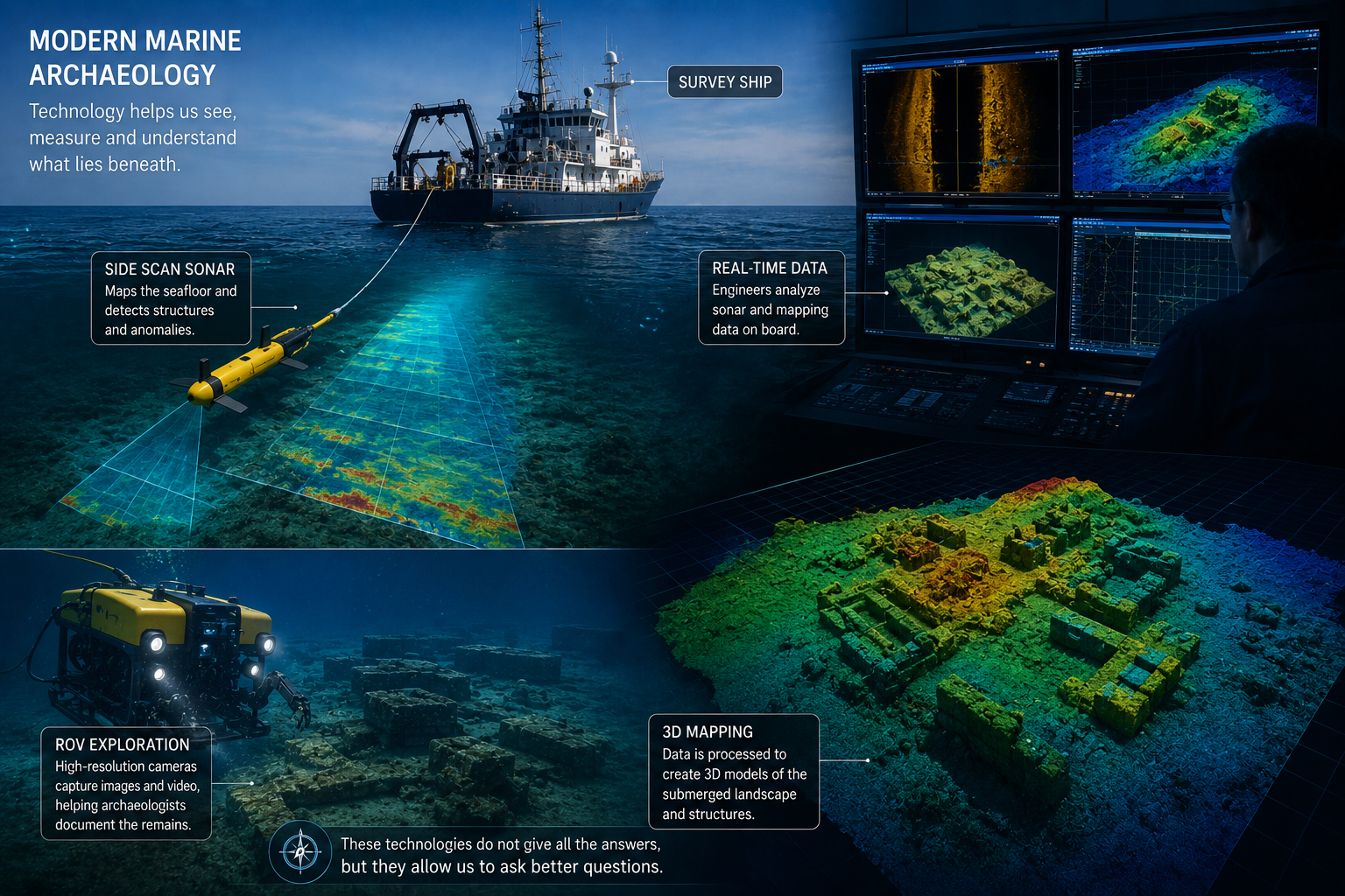 Modern marine archaeology technologies including sonar, ROV exploration and 3D mapping